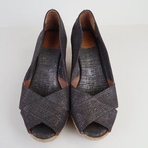 Tory Burch Filipa Women's 9 B Peep Toe Espadrille Metallic Gray Linen Wedges